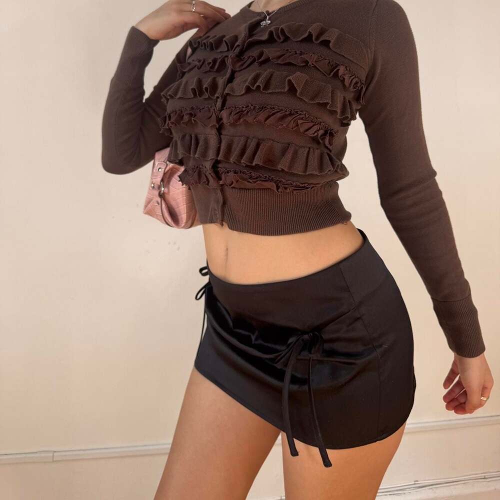 Vintage Brown Ruffle Frill Cardigan, Long Sleeve Y2K Button Up, Size XS